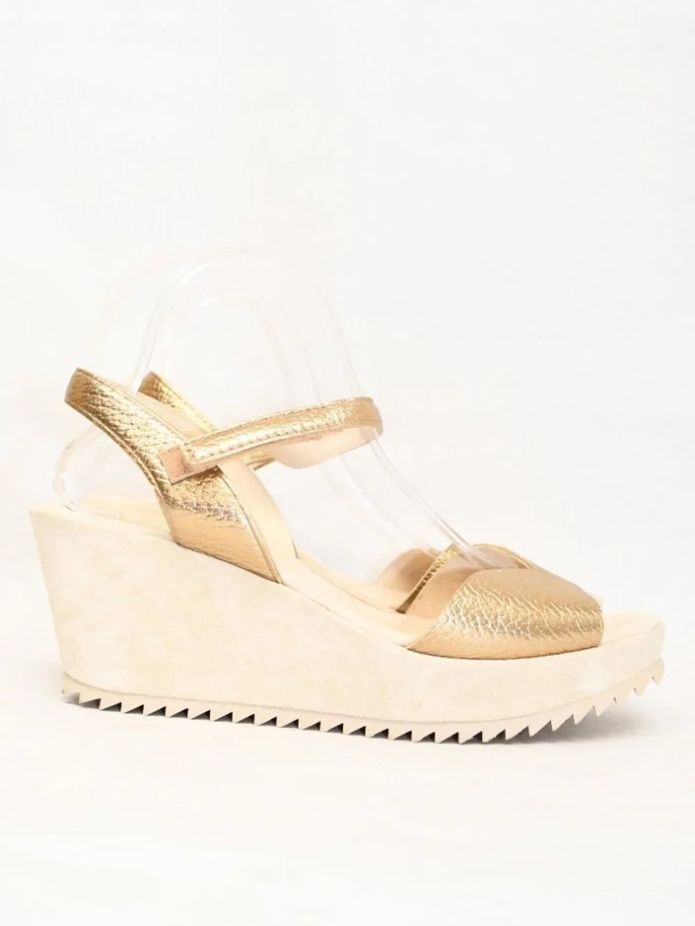 $650 Pedro Garcia FANTINA wedge sandals METALLIC CREAM LEATHER SAWTOOTH 41 (DD2)